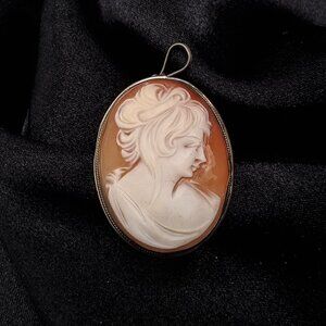 Antique Early XX Century 800 Silver Signed Real Shell Cameo Brooch Pendant